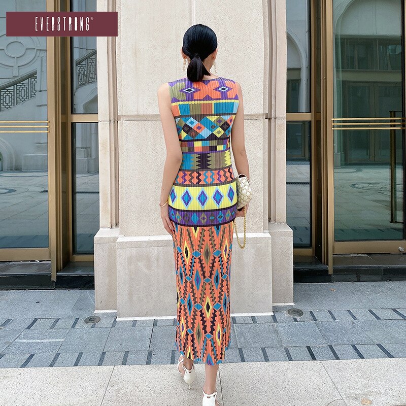 Miyake Pleated Dress Summer Sleeveless Printing Casual Vacation Slim Vest Long Skirt Women