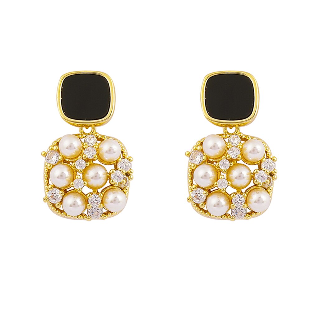 Fashion Black Square Metal Dangle Drop Earrings Luxury Inlaid Pearl Jewelry for Women Summer Party Pendant
