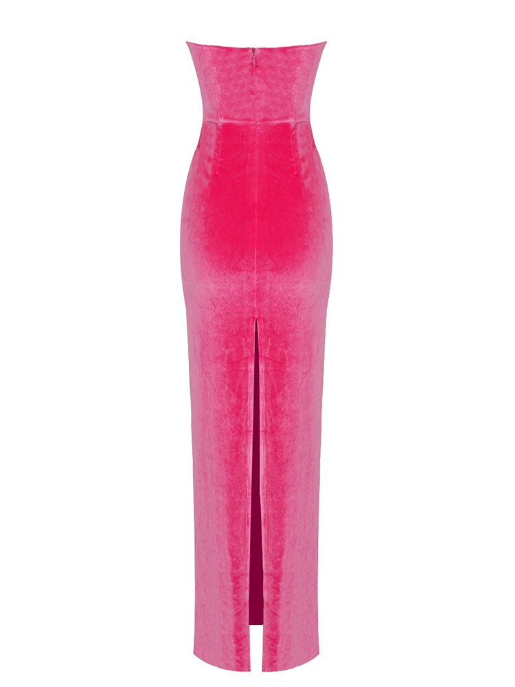 Hot Pink Strapless Velvet Dresses Women Summer Trendy Cross Knot Design Bodycon Long Elegant Dress