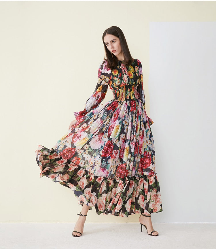 Tingfly Summer Haut Plus Size Maxi Dress Women Elastic Waist Tiered Layers Hem Rose Floral Print Vintage Elegant Long Dress