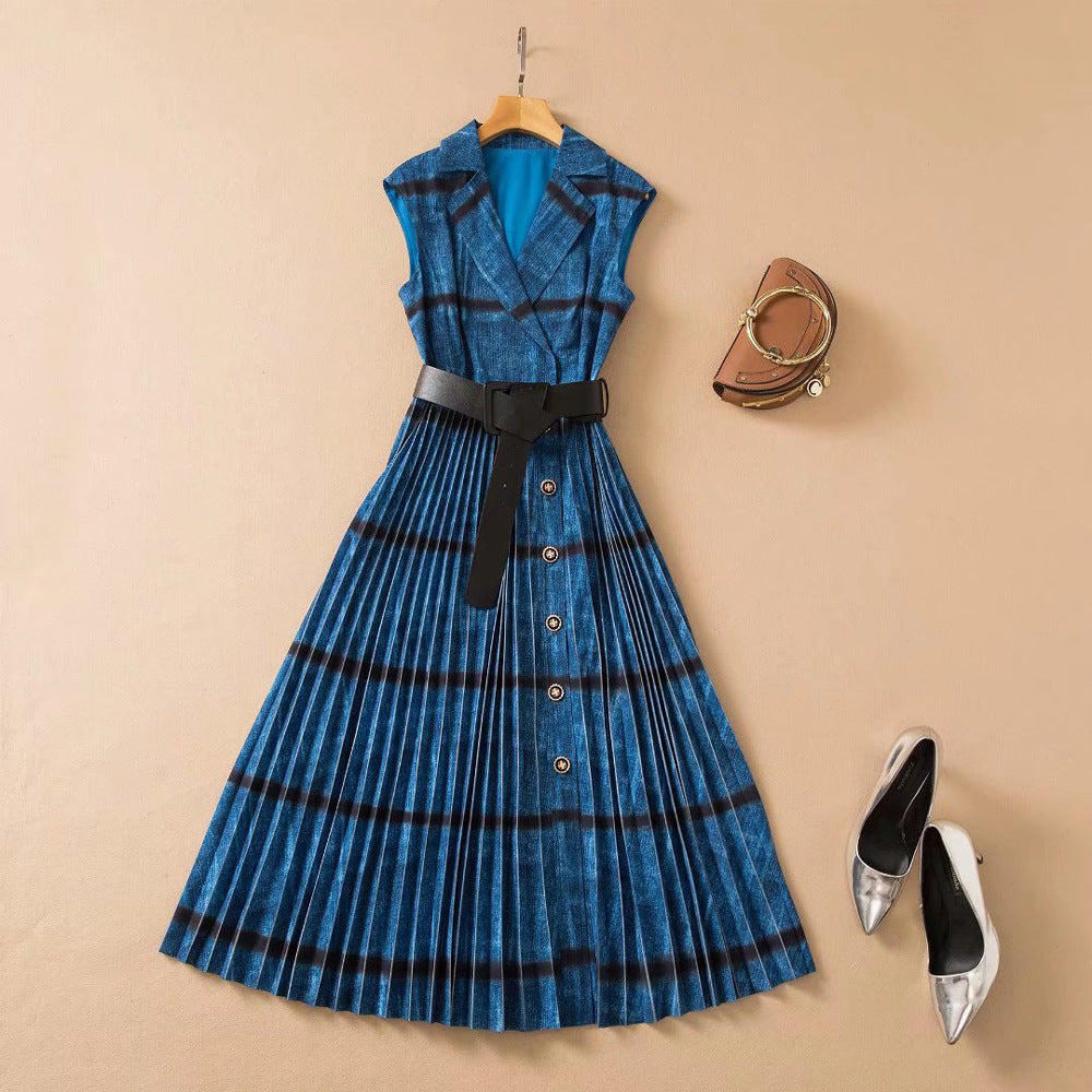 Spring Summer Women's Lapel Sleeveless Blue Nipped Waist Hem Pleated Skirt with Belt