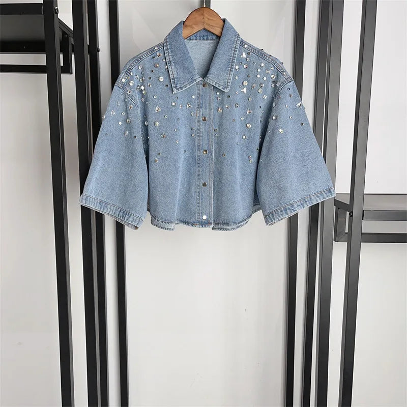 Spring and summer denim blue design with diamond polo collar top and shorts lively set