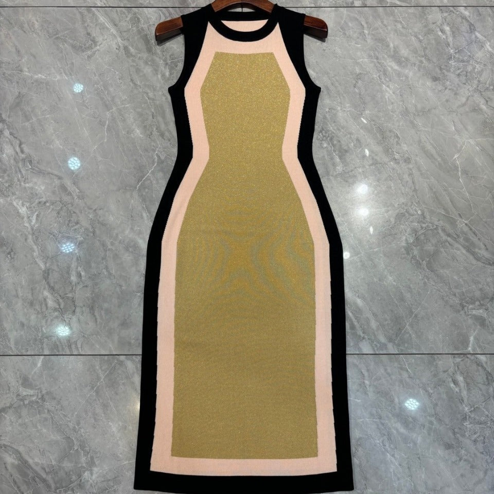 French style spring and summer one-step skirt, high elasticity knitted, sexy and slim fitting temperament, color blocked sleeveless vest dress, women's skirt