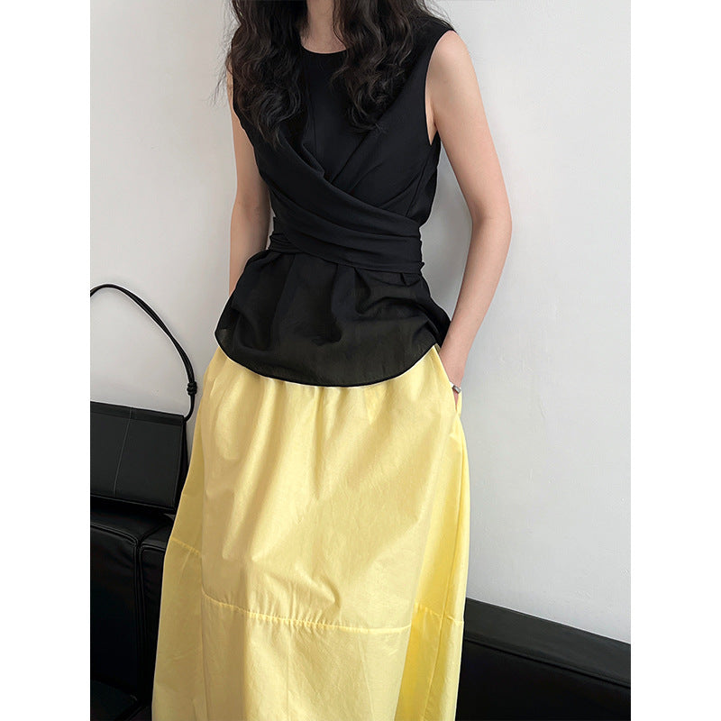 Twisted strap waist cinching short sleeved top for summer versatile and slim looking shirt