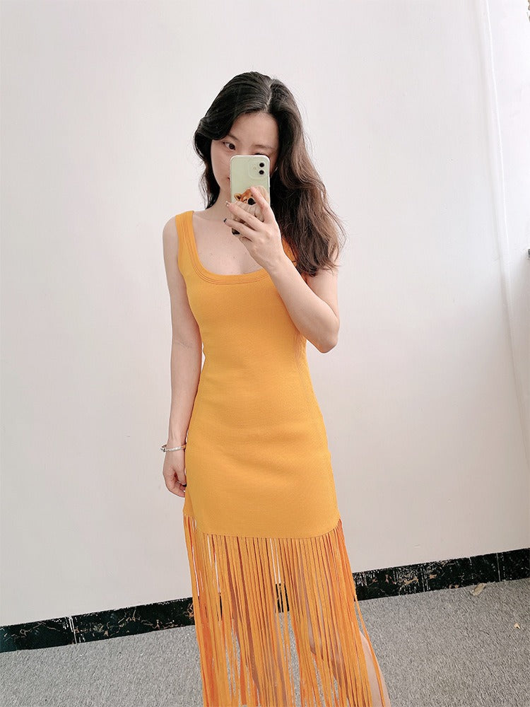 Summer New Women's French Tassel Hem Knitted Sleeveless Tank Top Strap Dress