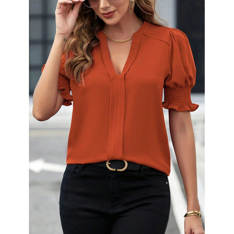 Women's summer new collar style bubble sleeves solid color shirt women's top