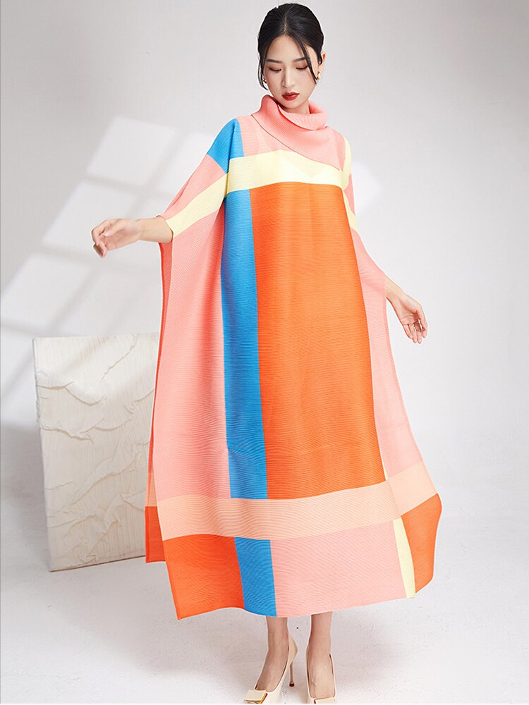 XITAO Fashion Folds Dress Turtleneck Contrast Color Splicing Bat Wing Sleeve Pullover Dress Temperament Summer New SMH1781