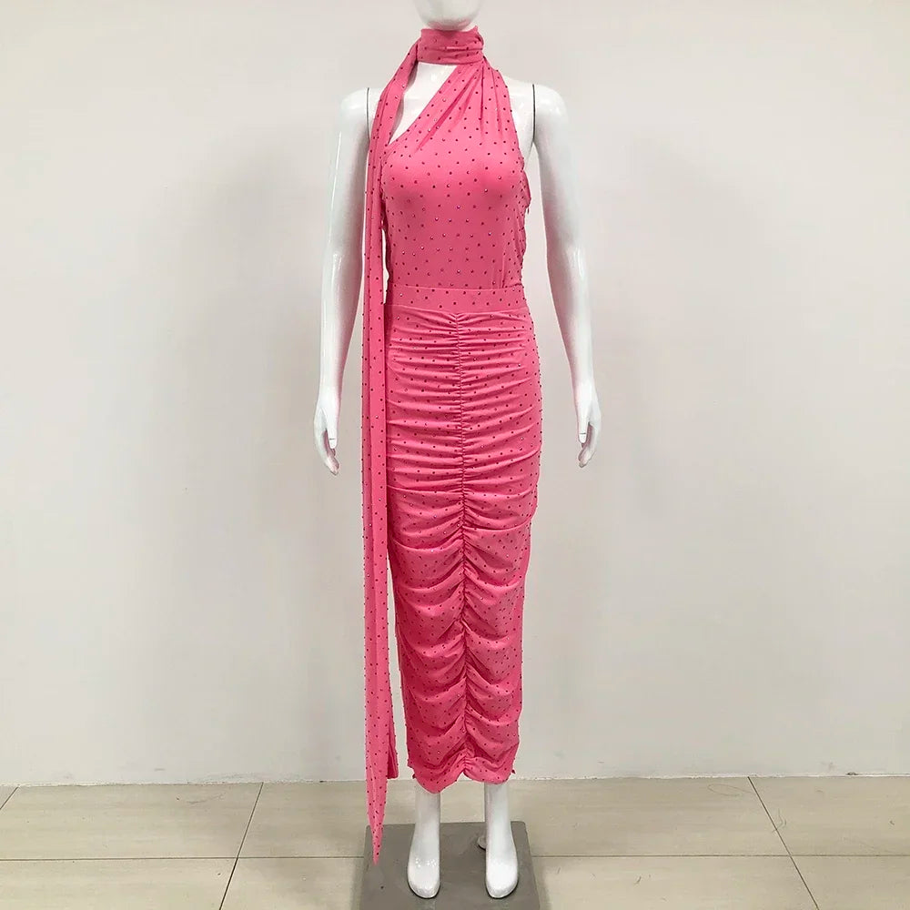 New Summer Women's Sexy One Shoulder Diamond Pleated Skirt 2-Piece Set Elegant Party Set