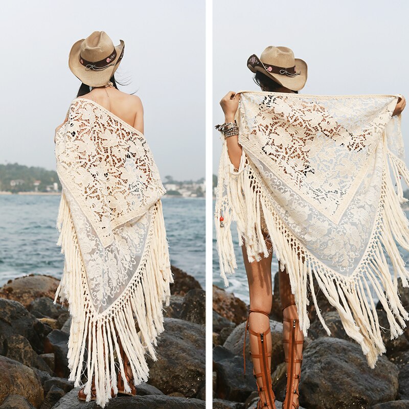 Light Fringed Shawl With Tassels Summer Sun Protection Beach Vacation Hollowed Out Lace Sun Protection Shirt For Women Medium Length