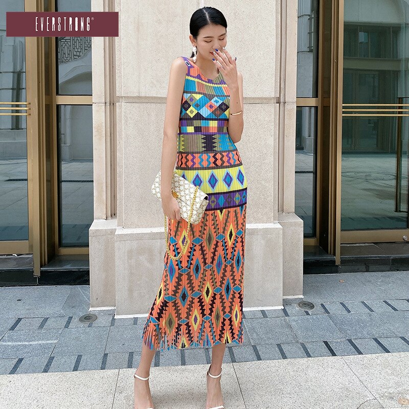 Miyake Pleated Dress Summer Sleeveless Printing Casual Vacation Slim Vest Long Skirt Women