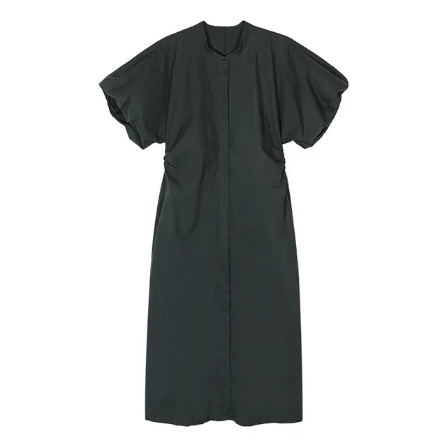 Women Dress Summer All Match Fashion Cotton Puff Sleeve Single Breasted Simple Loose Leisure Long Shirt Dress New