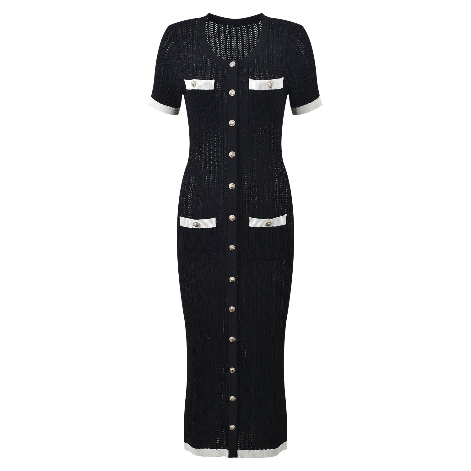Round neck single breasted stylish dress for summer slim fit and slimming long skirt