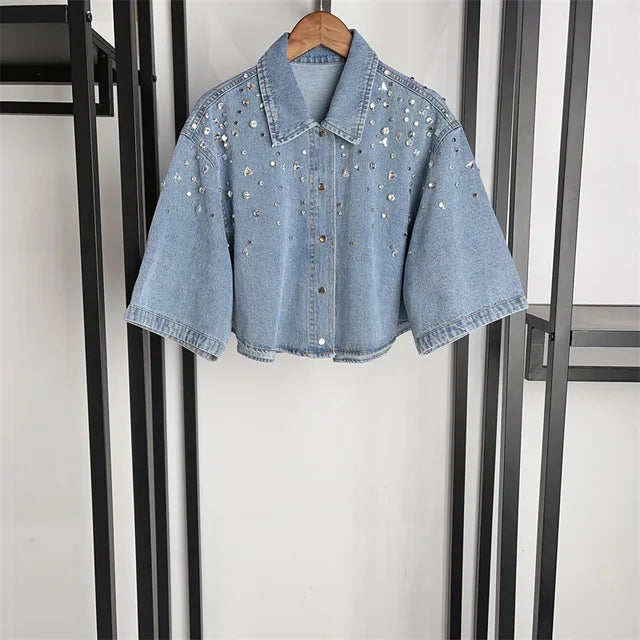 Spring and summer denim blue design with diamond polo collar top and shorts lively set