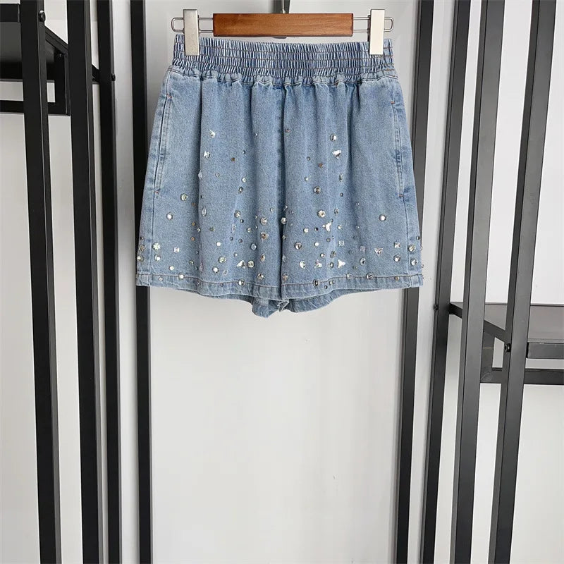 Spring and summer denim blue design with diamond polo collar top and shorts lively set