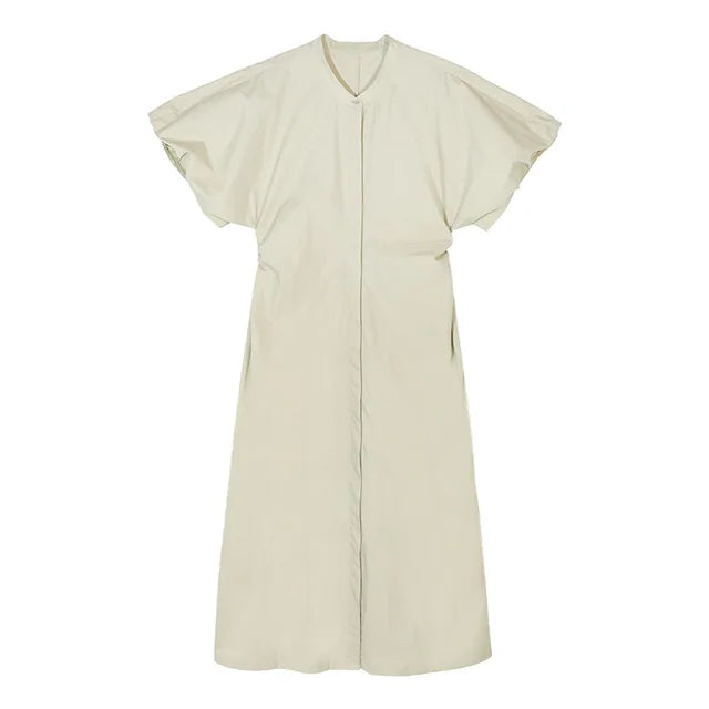 Women Dress Summer All Match Fashion Cotton Puff Sleeve Single Breasted Simple Loose Leisure Long Shirt Dress New