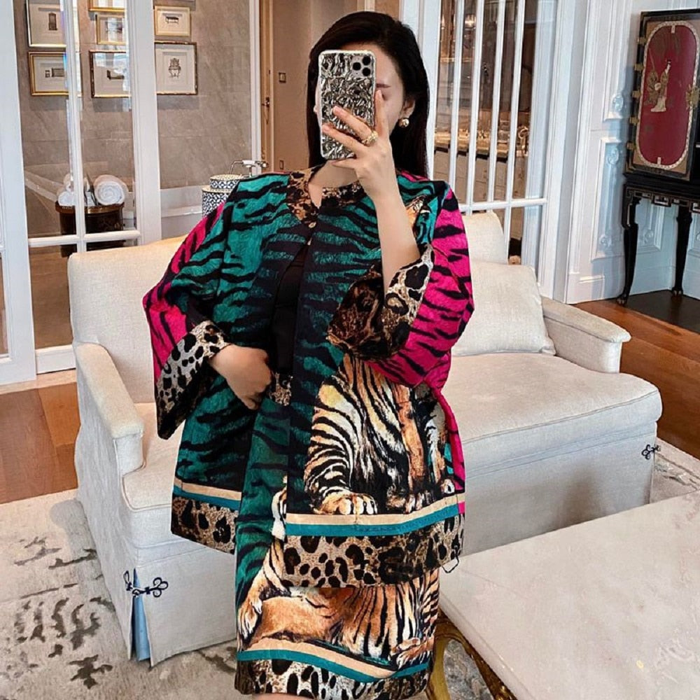 Summer Tiger Year Series Jacquard Leopard Tiger Jacket + Slim High Waist A-Line Skirt Suit