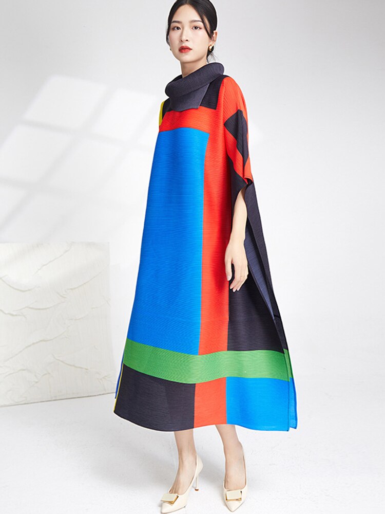 XITAO Fashion Folds Dress Turtleneck Contrast Color Splicing Bat Wing Sleeve Pullover Dress Temperament Summer New SMH1781