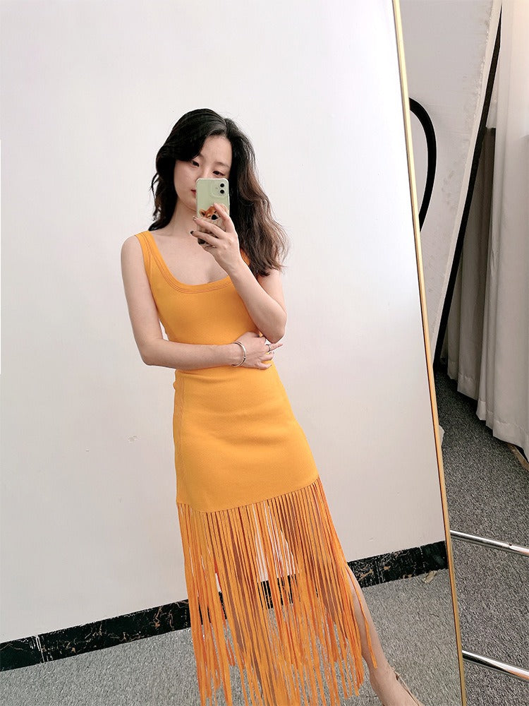 Summer New Women's French Tassel Hem Knitted Sleeveless Tank Top Strap Dress