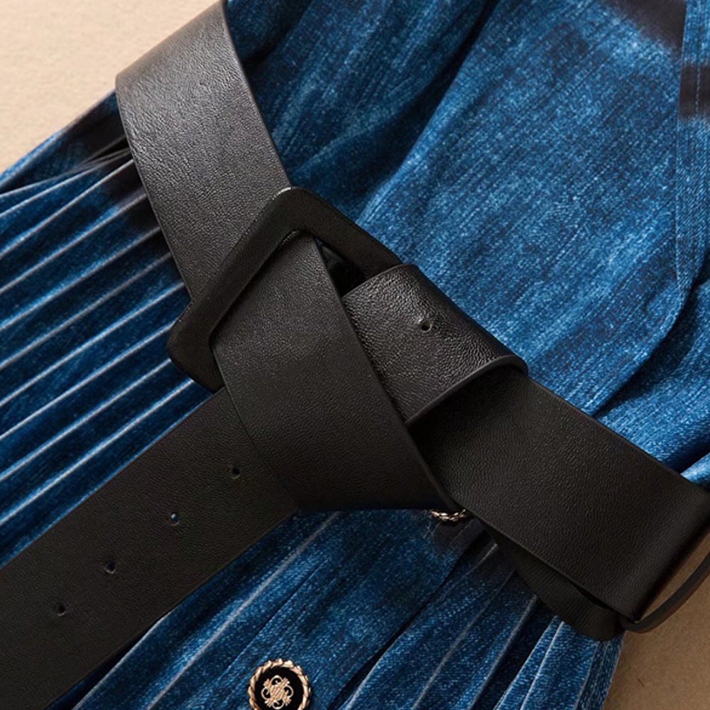 Spring Summer Women's Lapel Sleeveless Blue Nipped Waist Hem Pleated Skirt with Belt