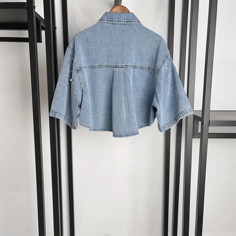 Spring and summer denim blue design with diamond polo collar top and shorts lively set
