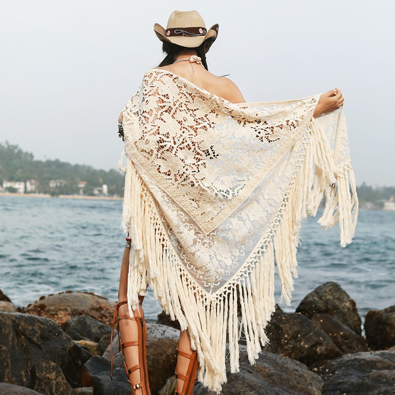Light Fringed Shawl With Tassels Summer Sun Protection Beach Vacation Hollowed Out Lace Sun Protection Shirt For Women Medium Length