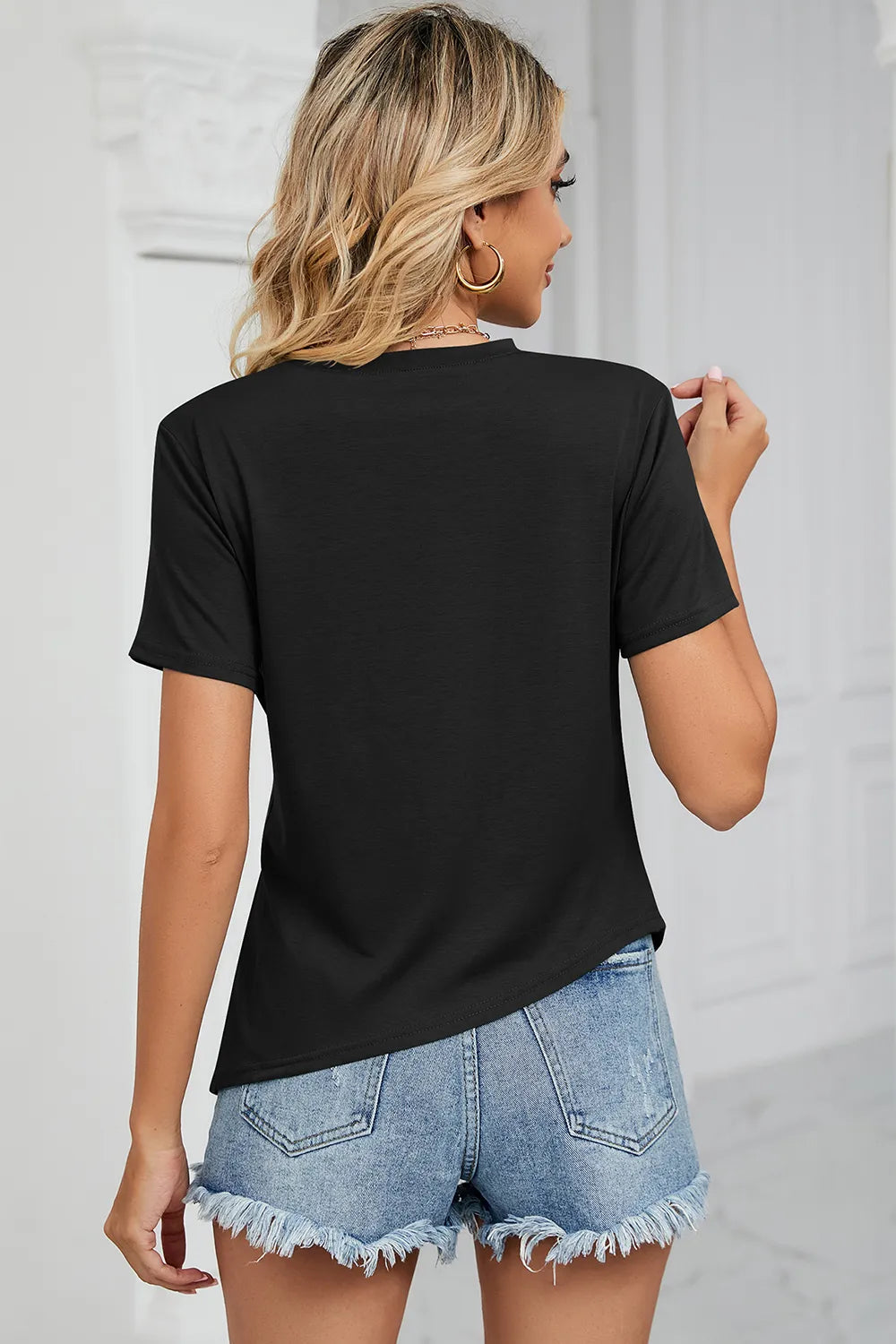 Summer round neck slit irregular pleated women's T-shirt