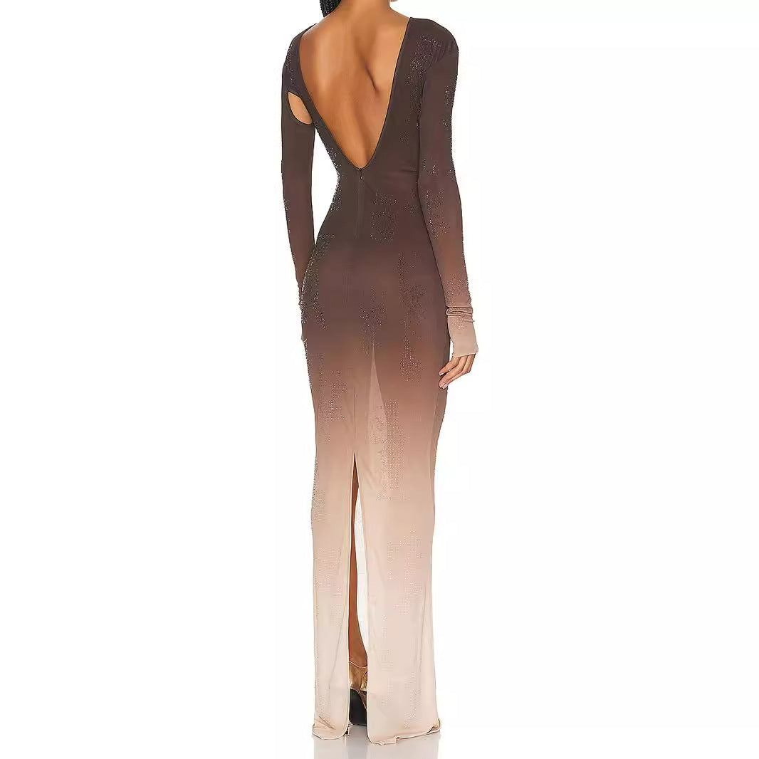 Gradient color rhinestone dress for women's summer, new European and American trend, high-end design, sexy long skirt for ladies