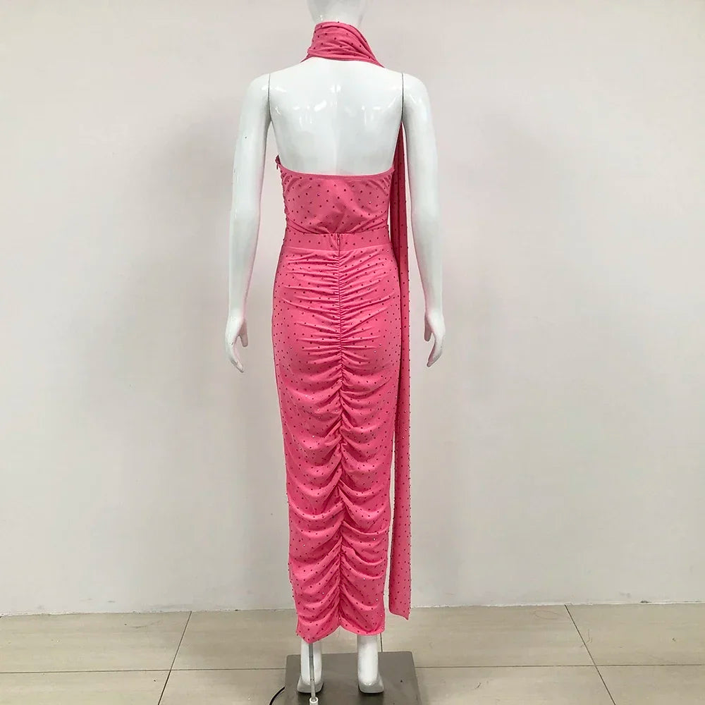 New Summer Women's Sexy One Shoulder Diamond Pleated Skirt 2-Piece Set Elegant Party Set