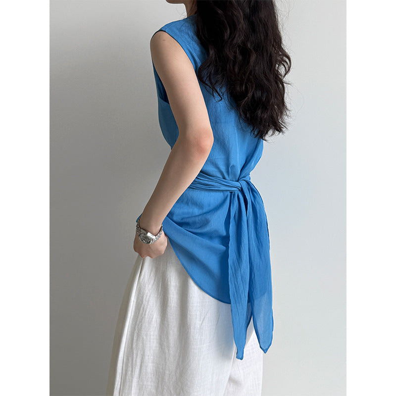 Twisted strap waist cinching short sleeved top for summer versatile and slim looking shirt