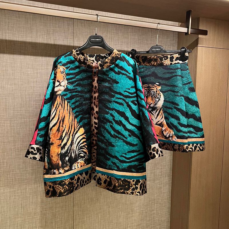 Summer Tiger Year Series Jacquard Leopard Tiger Jacket + Slim High Waist A-Line Skirt Suit