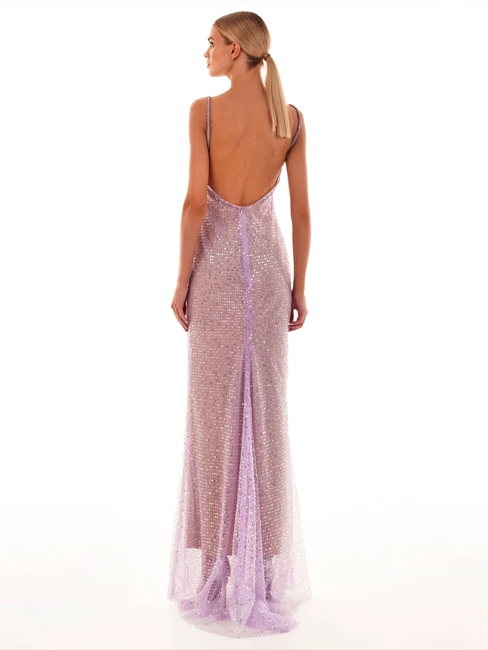 Summer New Chain Strap Sexy Sequins Backless Beaded Mesh Long Dress Slim Fit Celebrity Evening Party Gowns