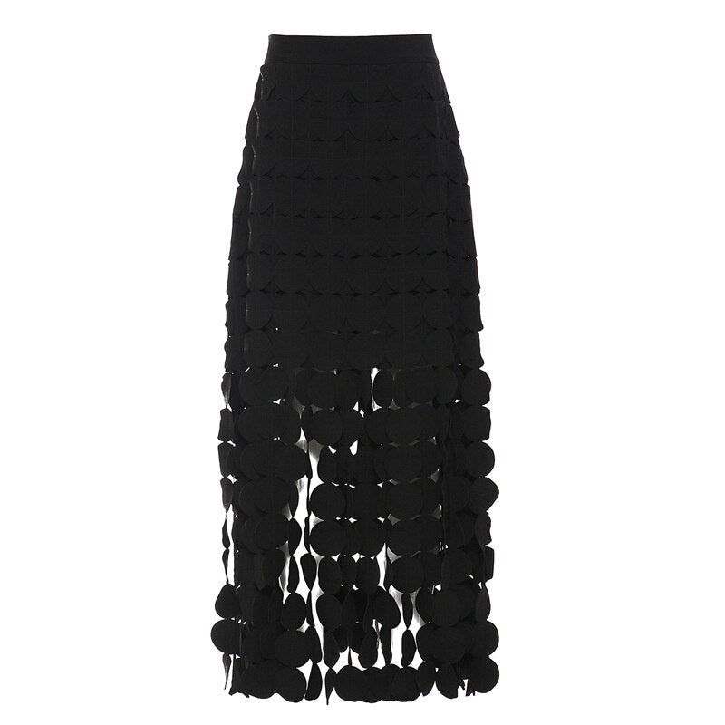 Summer New Three-Dimensional Dot Design Sense Cut Hollow Long Skirt Tassel Drape Slim Fashion High Waist Skirt