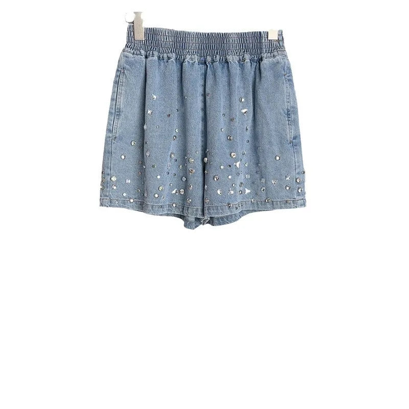 Spring and summer denim blue design with diamond polo collar top and shorts lively set