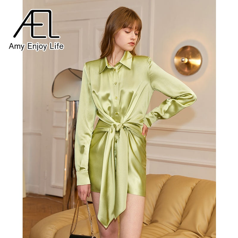 AEL New Women Satin Shirt Mini Dress Summer Casual Loose Elegant Party Belt One Piece Clothes Vestidos Streetwear