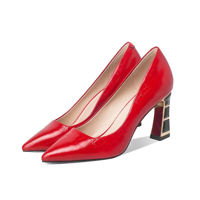 Celebrity High Heels Electroplated Metal Pointed Single Shoes Black Thick Heels Real Leather Shoes Children Summer Women's Shoes Soft Leather