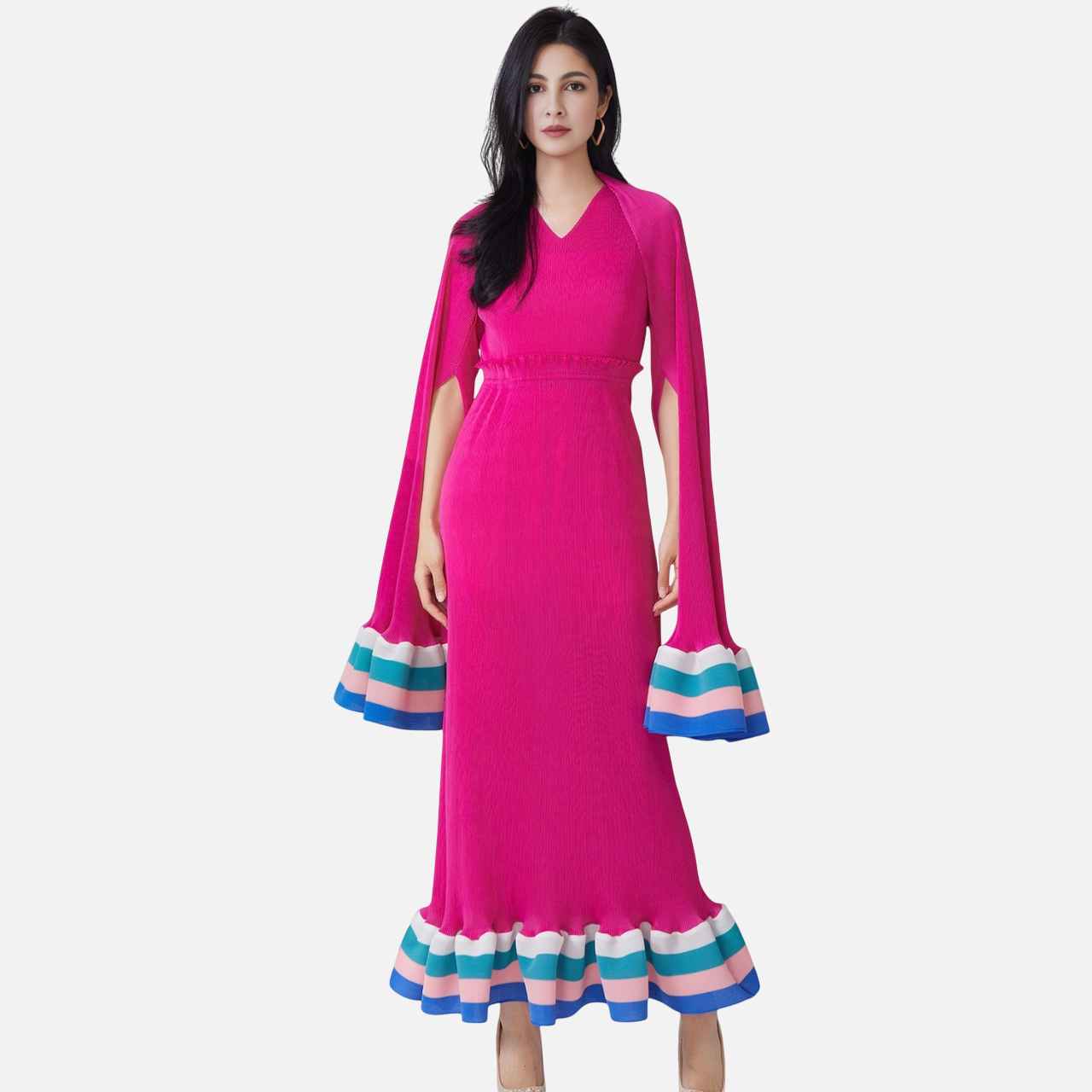 Spring and summer high-end irregular flared sleeves cinched waist to show off slimming temperament elegant dress long skirt