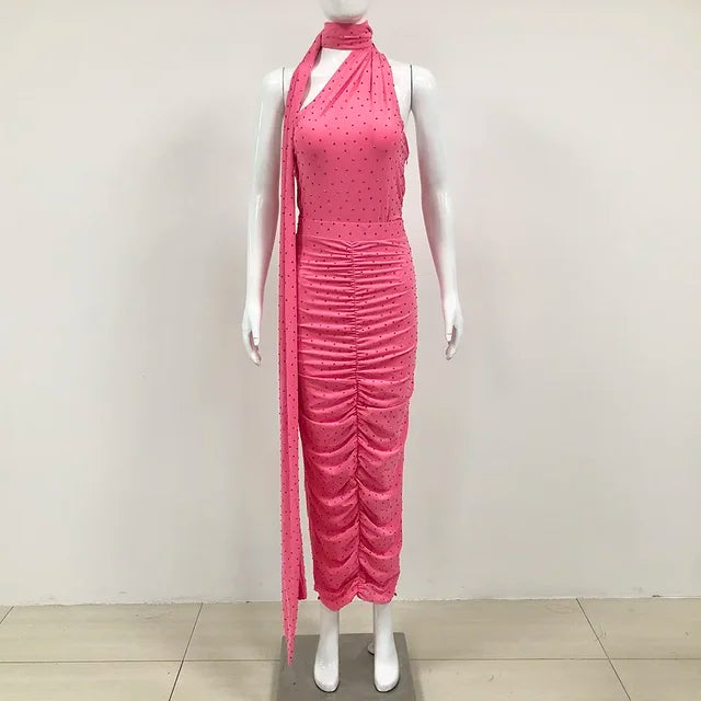 New Summer Women's Sexy One Shoulder Diamond Pleated Skirt 2-Piece Set Elegant Party Set