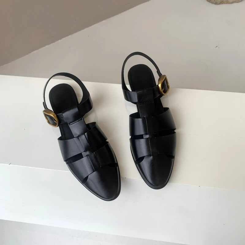 Genuine Leather Comfortable Pointed Toe Flat Sandals Women Fashion Ladies Summer Retro Hollow Roman Sandals