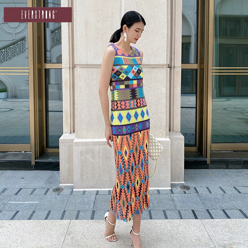 Miyake Pleated Dress Summer Sleeveless Printing Casual Vacation Slim Vest Long Skirt Women