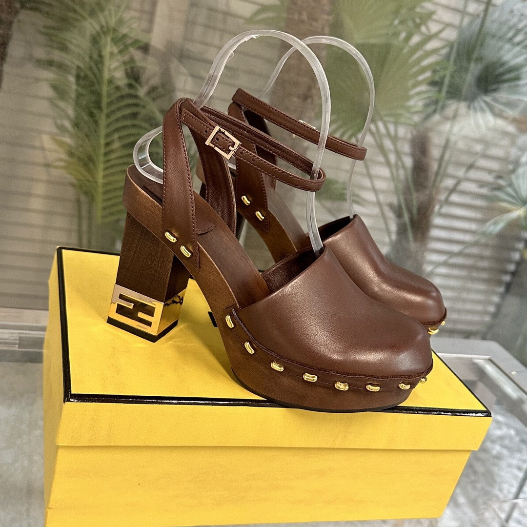 High Quality Round toe Chunky High Heel Sandals Women Platform Thick Sole Real Leather Rome Pumps Summer Fashion Week Fur Shoes