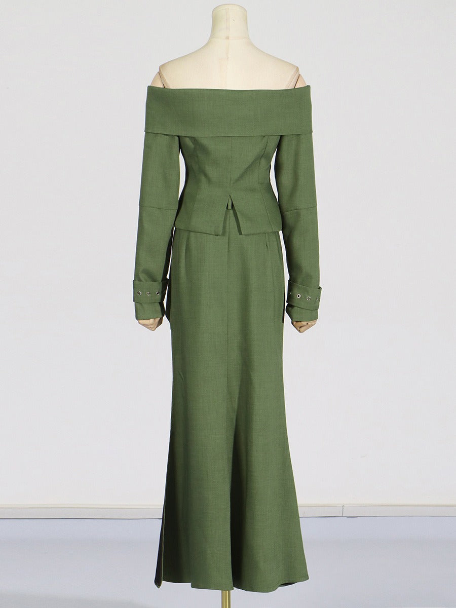 Summer New Style One-shoulder Long-sleeved Zipper Top High Waist High Slit Skirt Suit