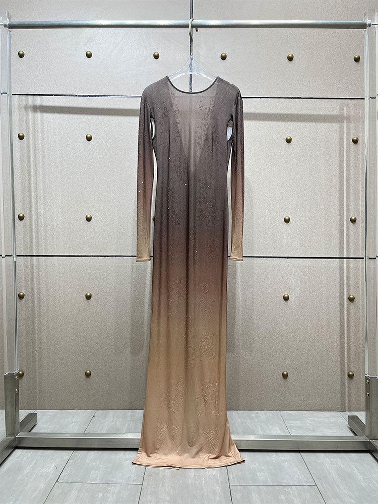 Gradient color rhinestone dress for women's summer, new European and American trend, high-end design, sexy long skirt for ladies