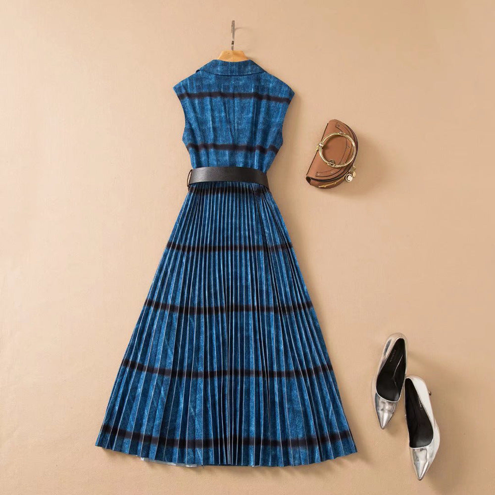 Spring Summer Women's Lapel Sleeveless Blue Nipped Waist Hem Pleated Skirt with Belt