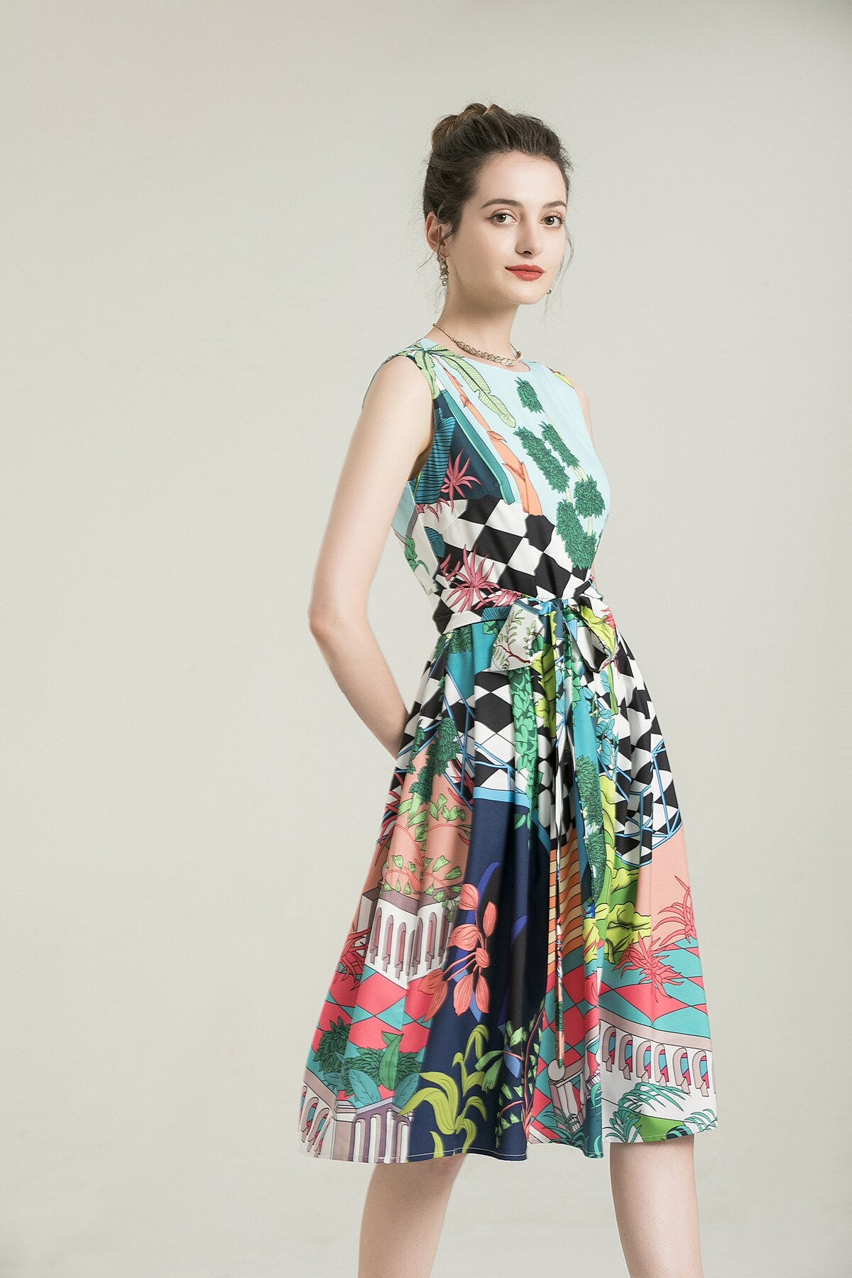 Tingfly Women Summer Sleeveless Tropical Floral Print A Line Knee Length Dress Lady Casual Street Runway Fashion Dress
