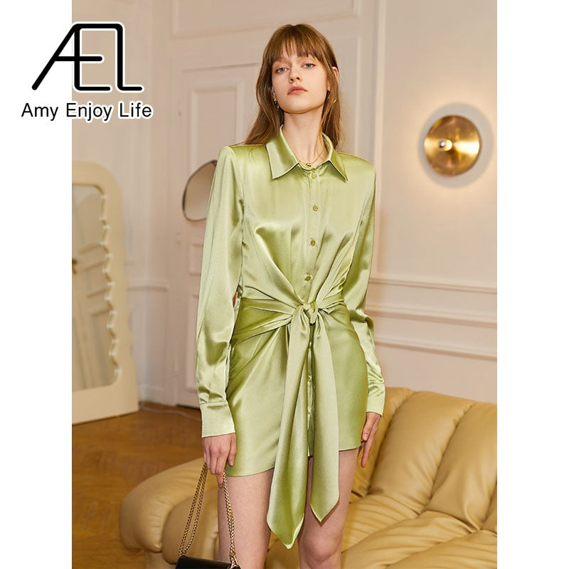 AEL New Women Satin Shirt Mini Dress Summer Casual Loose Elegant Party Belt One Piece Clothes Vestidos Streetwear