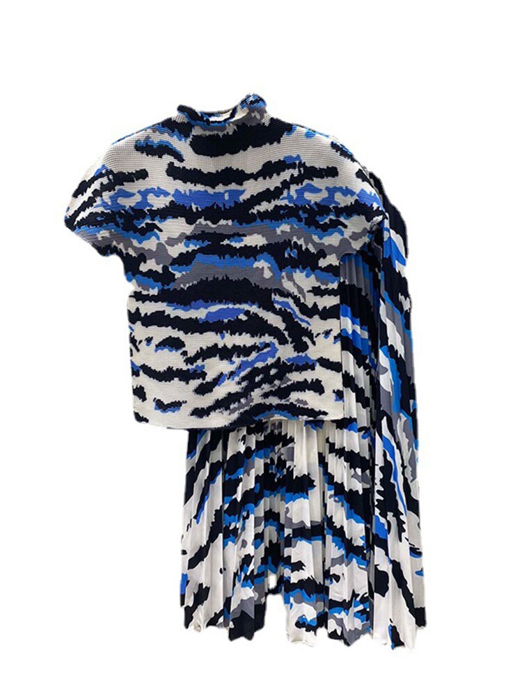 Printing Pleated Set Women Summer Elastic Slimming Stand Collar Short Sleeve T-shirt Top Long Skirt