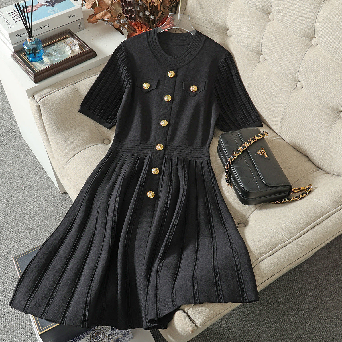 Summer new style small fragrant dress with French temperament niche design pocket curved bead knitted skirt