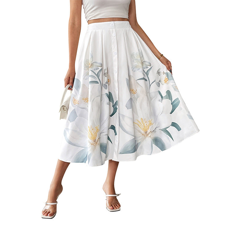 Casual vacation sweet and fresh style button decoration floral print skirt summer