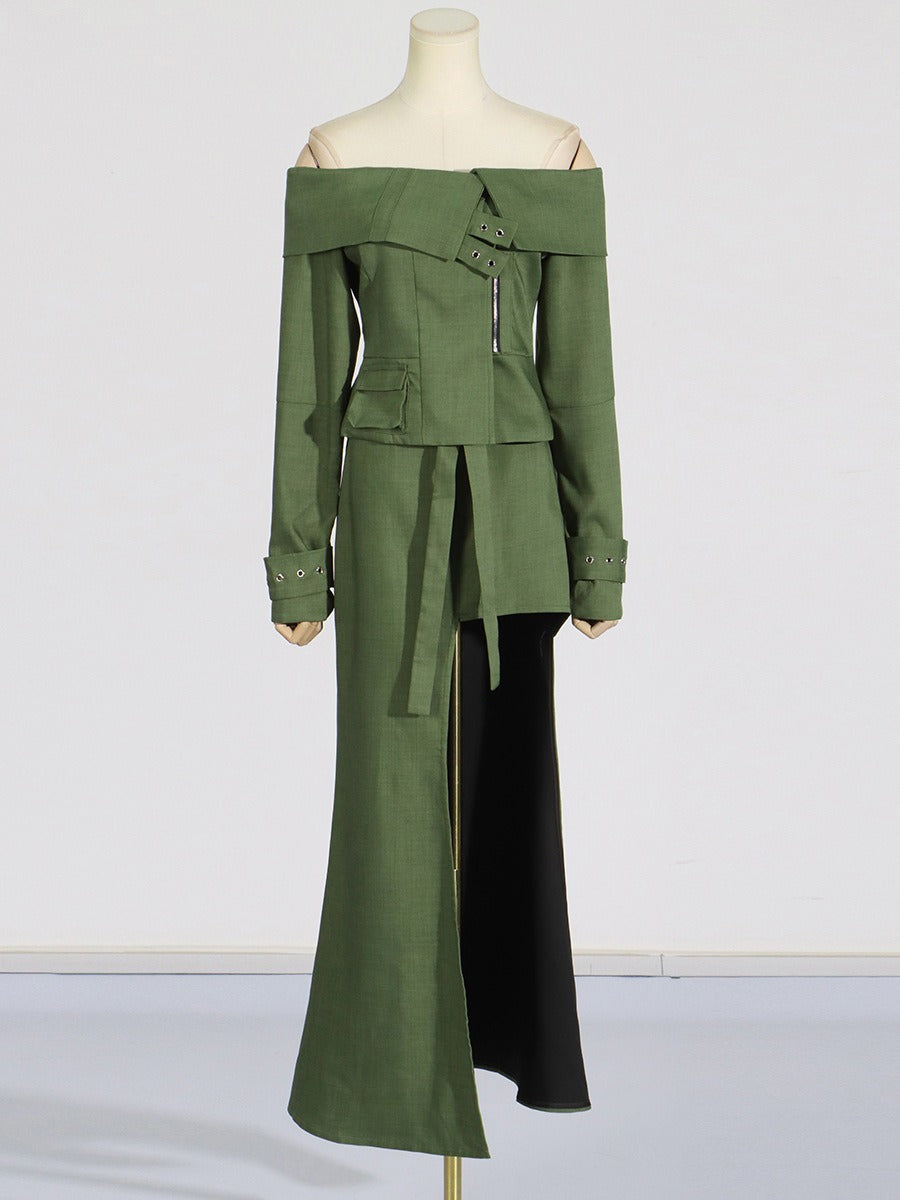 Summer New Style One-shoulder Long-sleeved Zipper Top High Waist High Slit Skirt Suit