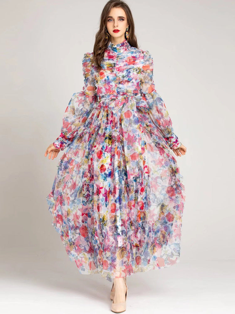 Summer Designer Fashion long dress for women Lantern sleeve vintage Folds mesh print Patch Designs ruffles maxi dress